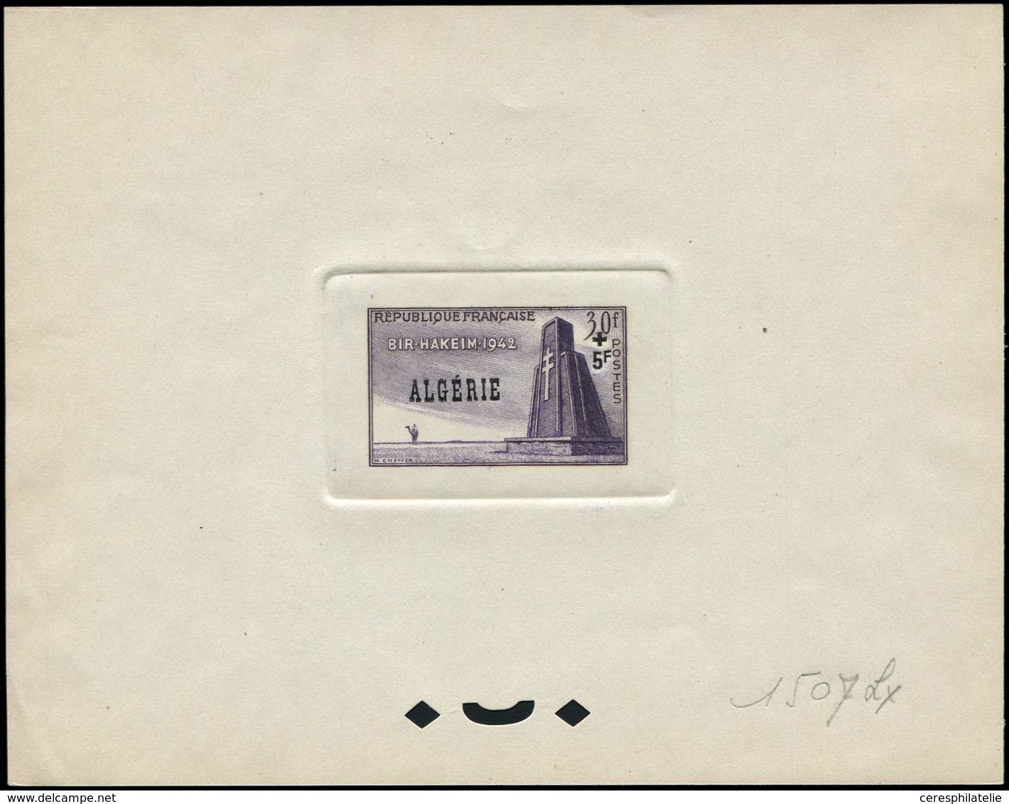 ALGERIE 299 : Bir-Hakeim, 30f. + 5f., épreuve D'atelier En Violet (couleur 1507), Surcharge ALGERIE Horizontale, NON EMI - Lettres & Documents