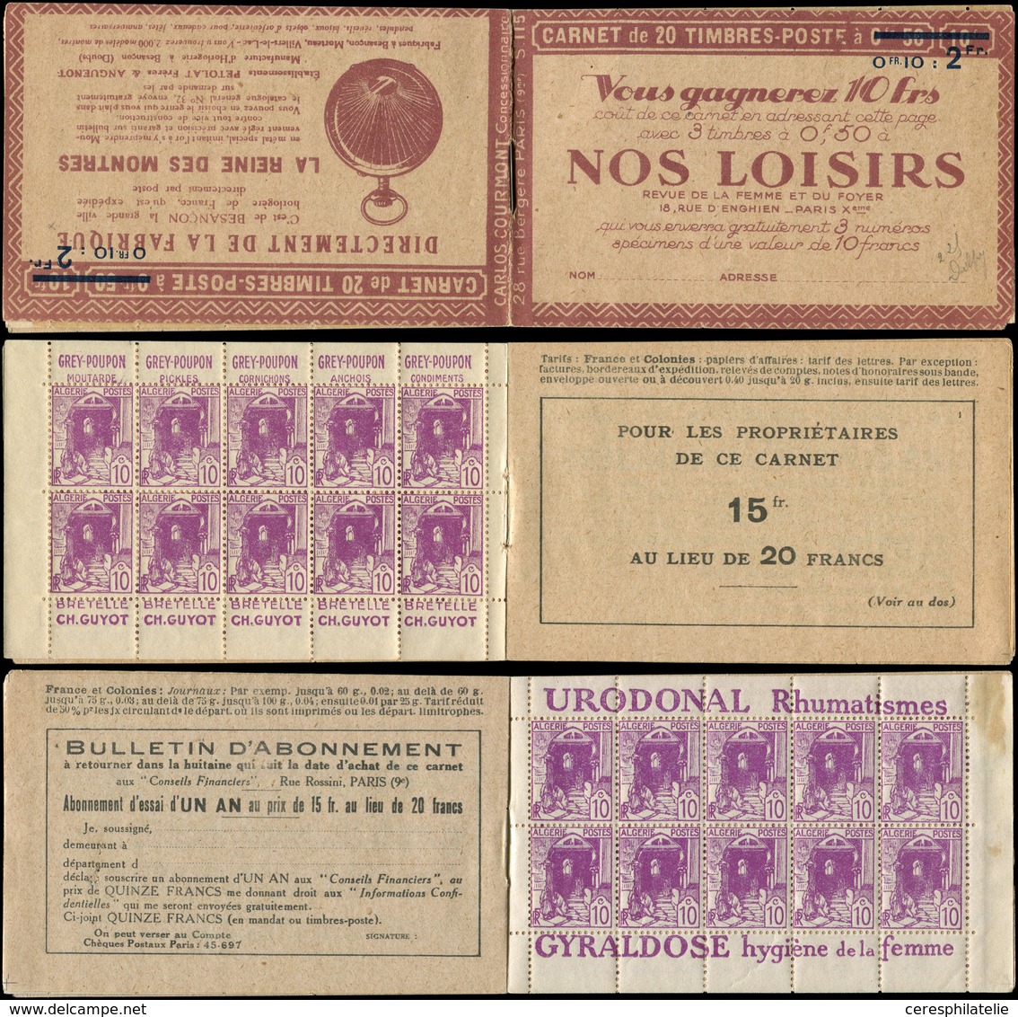 ALGERIE Carnet 7a : 10c. Lilas-rose, S. 115, NOS LOISIRS/REINE Des MONTRES, E De Poste Bouché, 3 Ex. Adh., Taches Sur Un - Autres & Non Classés