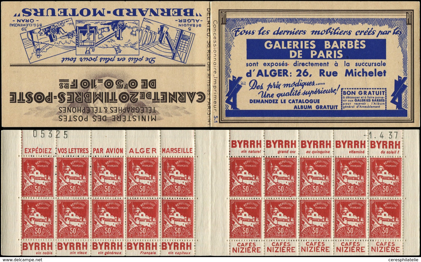 ALGERIE Carnet 18 : 50c. Rouge, S. 1, BERNARD MOTEURS/GALERIES BARBES, N°05325 Daté 1/4/37, Superbe, Cote Et N° Maury - Altri & Non Classificati