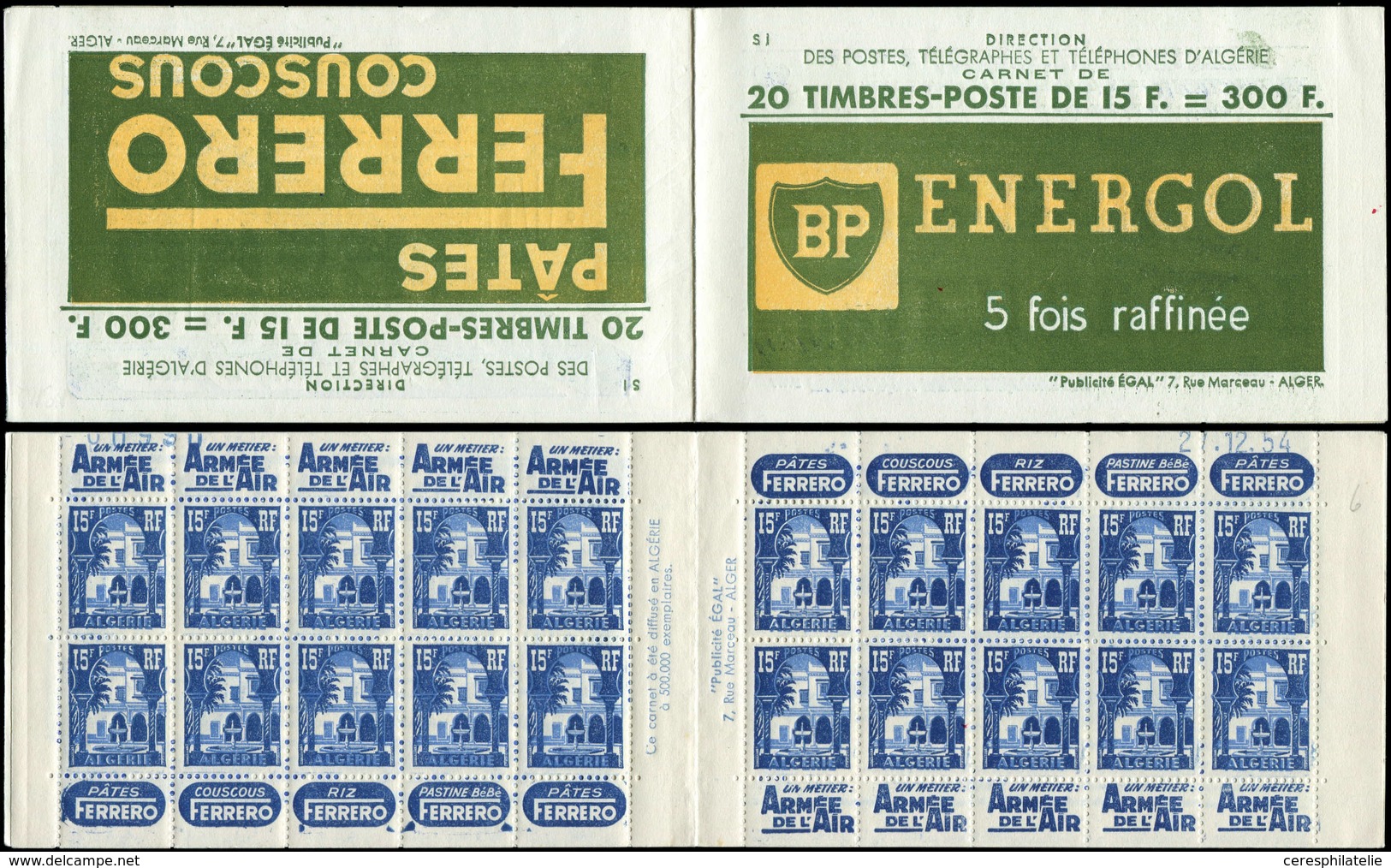 ALGERIE Carnet 24 : 15f. Bleu Et Bleu Clair, S. 1, FERRERO/BP ENERGOL, Daté 21/12/54, TTB, Cote Et N° Maury - Autres & Non Classés