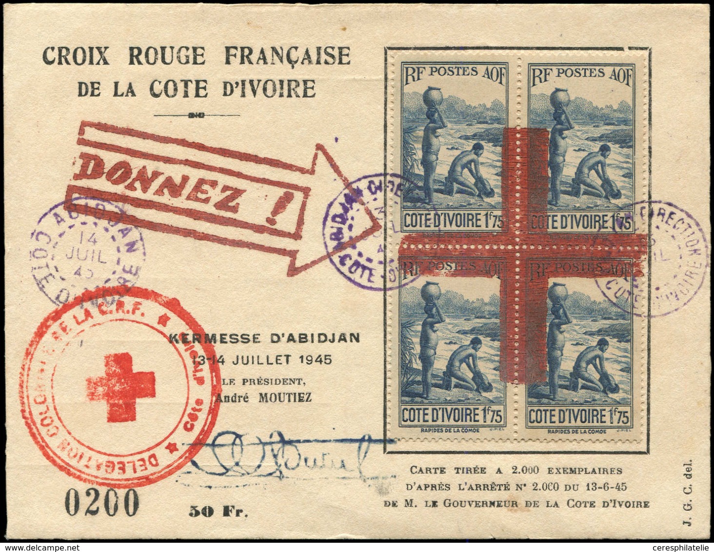 Let COTE D'IVOIRE 127A : 1f75 Bleu, BLOC De 4 Surch. D'une Grande Croix Rouge, Obl. ABIDJAN 14/7/45 Sur Carte Souvenir A - Autres & Non Classés