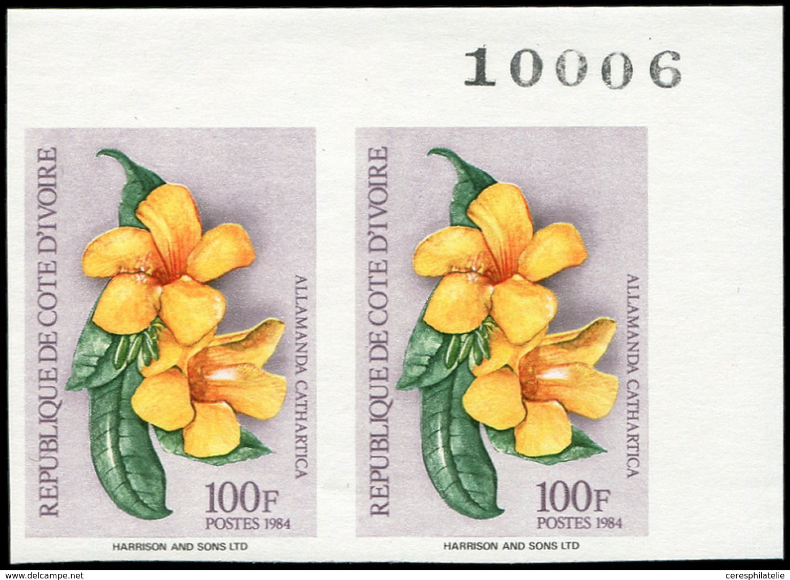 ** COTE D'IVOIRE 701E : 100f., Fleurs Indigènes, PAIRE NON DENTELEE Cdf, TB - Autres & Non Classés