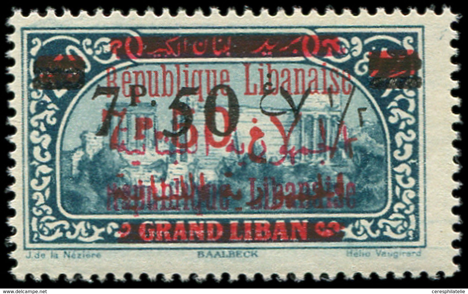 ** GRAND LIBAN 118D : 7p50 Sur 2p50 Bleu S. Vert, Surch. S. N°111, ERREUR, TB, N° Maury - Autres & Non Classés