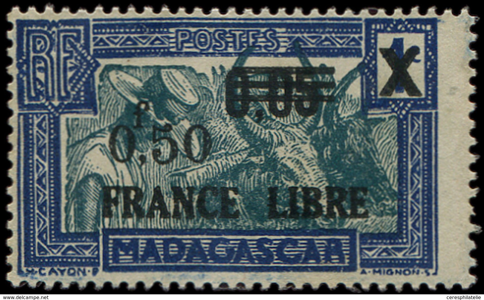 ** MADAGASCAR 241a : 0,50 Sur 0,05 Sur 1c. Bleu Et Vert Bleu, Surch. FRANCE LIBRE Noire, TB. S - Autres & Non Classés