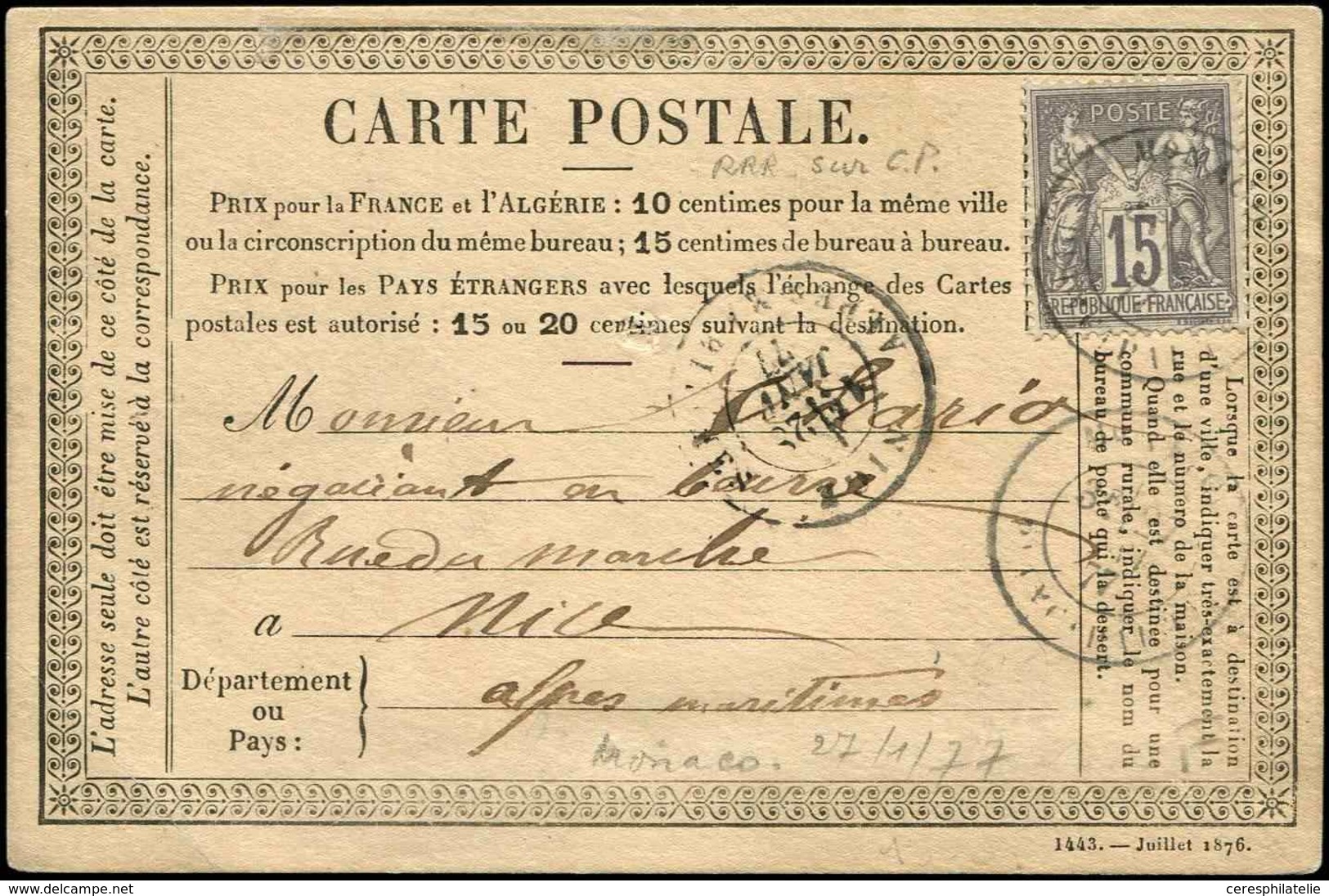 Let MONACO France N°77 15c. Gris Obl. Càd MONACO PRINCIPAUTE 27/1/77 Sur CP, TB - ...-1885 Préphilatélie