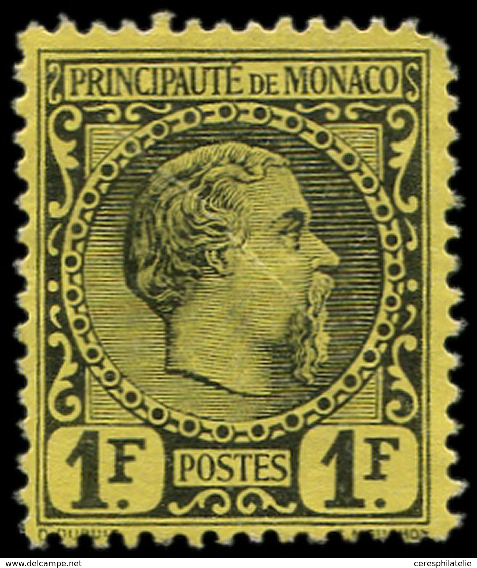 (*) MONACO 9 : 1f. Noir Sur Jaune, Charles III, Tirage De L'Exposition De 1900, Un Angle Arrondi, B/TB, RR, Certif. JF B - ...-1885 Precursori