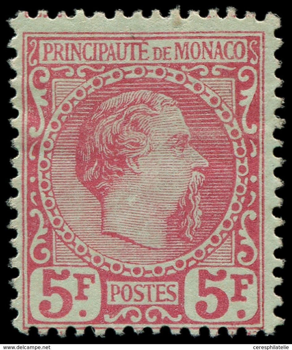 (*) MONACO 10 : 5f. Carmin Sur Vert, Charles III, Tirage De L'Exposition De 1900, TB, RRR, Certif. JF Brun - ...-1885 Préphilatélie