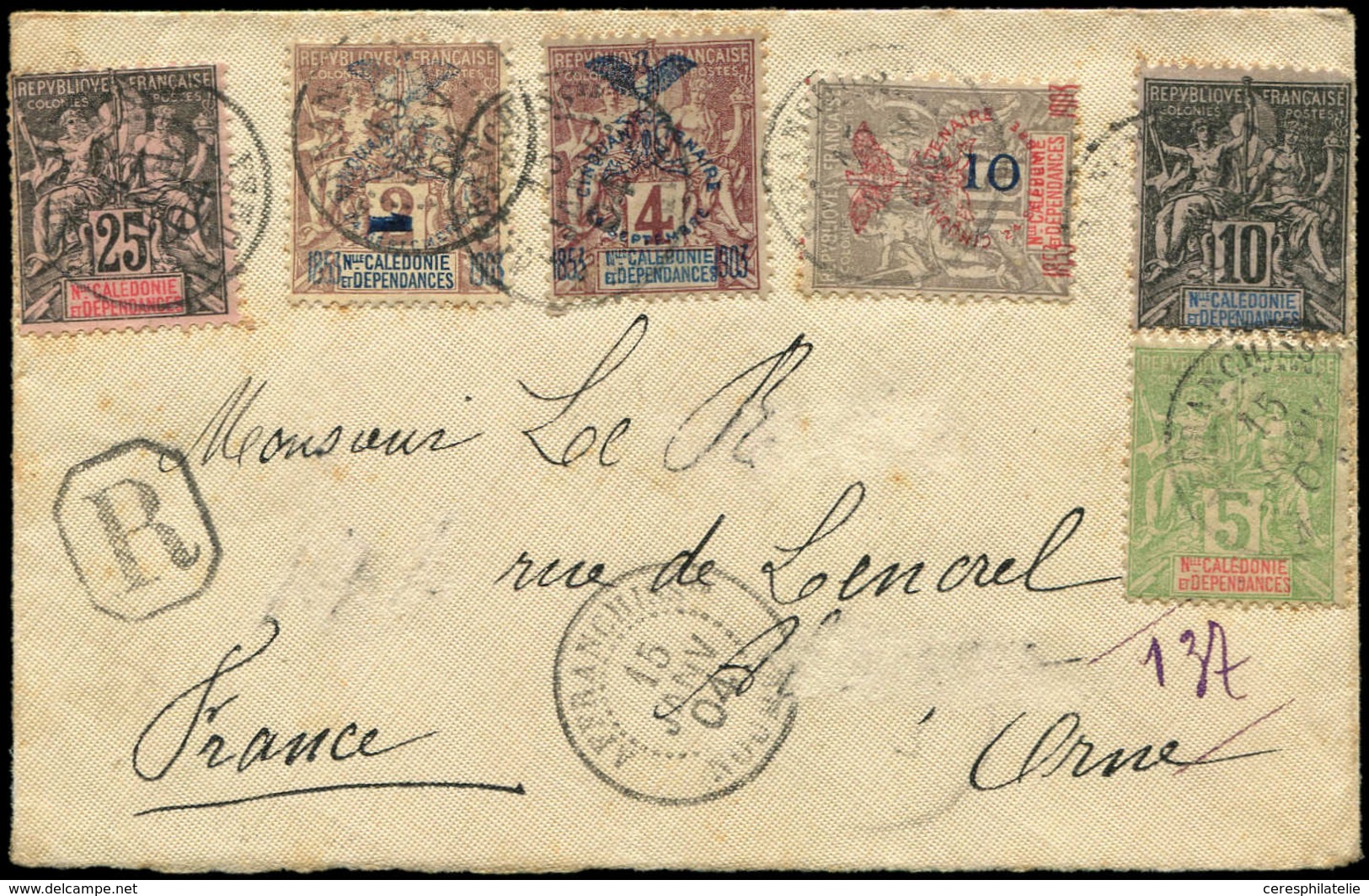 Let NOUVELLE CALEDONIE 45, 48, 59, 69, 81 Et 85 Obl. NOUMEA 15/1/04 S. Petite Env. Rec., Arr. ALENCON Le 21/2, TB - Storia Postale