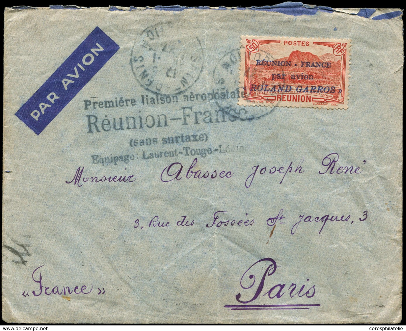 Let REUNION PA 1 : 50c. Rouge, Roland Garros, Obl. Càd 7/11/37 S. Env. Avec Griffe Première Liaison Aéropostale REUNION  - Autres & Non Classés