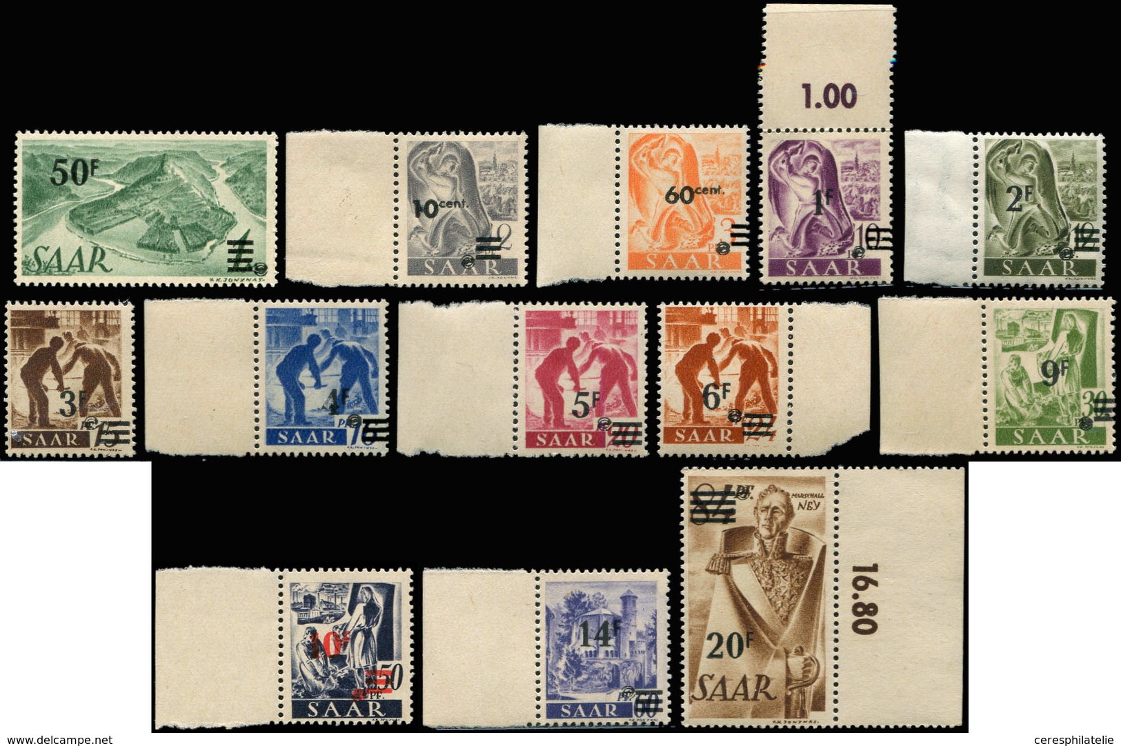 ** SARRE 216A/28A : Série Surchargée De 1947, Papier Jaunâtre, TB - Unused Stamps