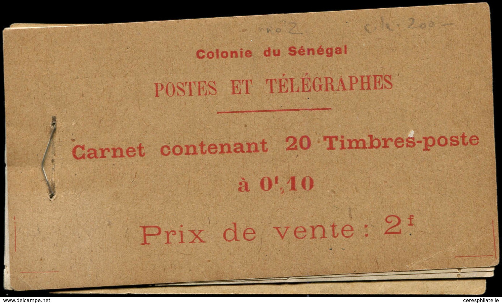 SENEGAL Carnet 2 : 10c. Vermillon Et Carmin, 20 Ex., TB, Cote Et N° Maury - Autres & Non Classés