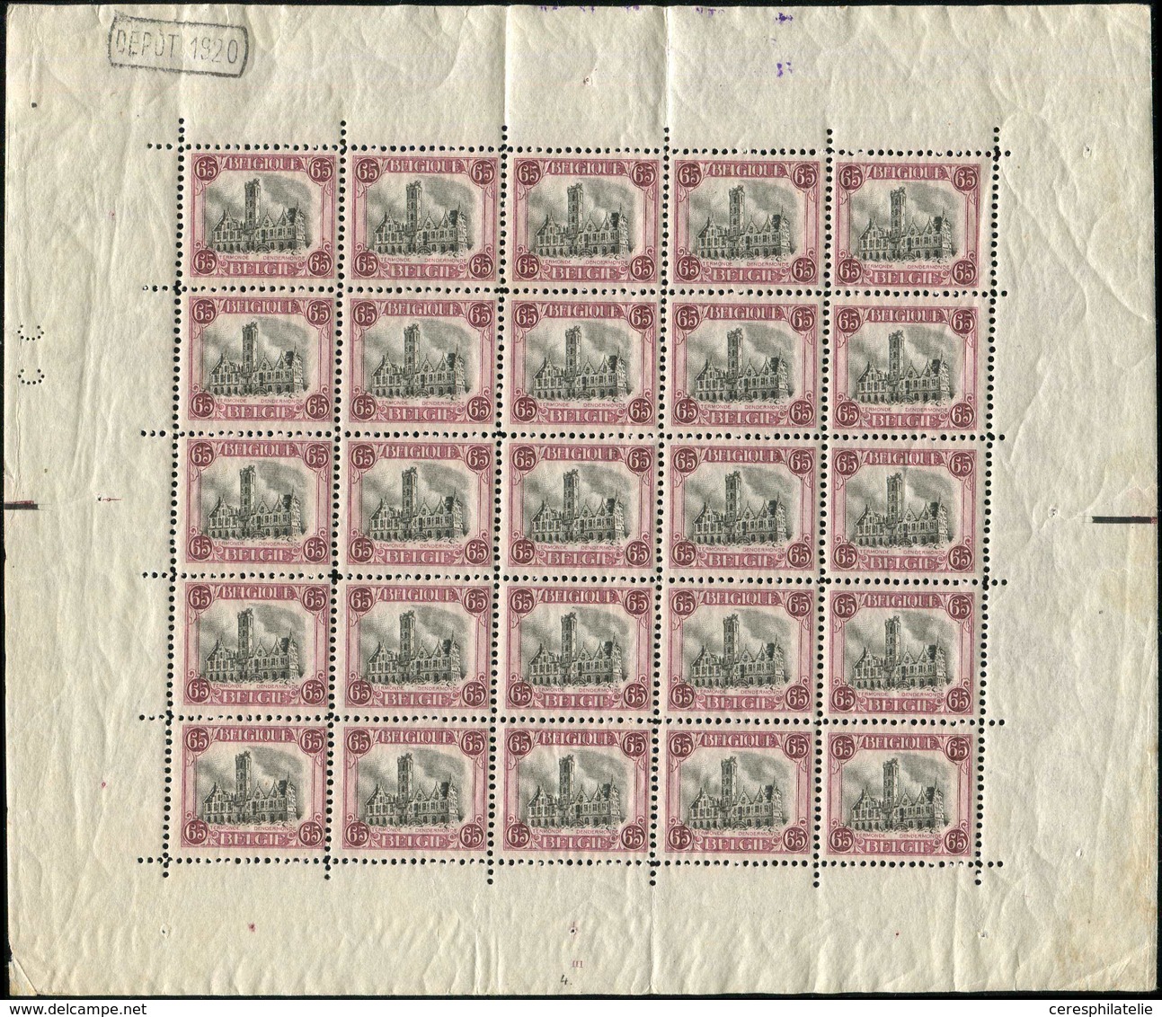 ** BELGIQUE 182 : 65c., Termonde Dendermonde, FEUILLE De 25, Qqs Adh., COB N°282Aa, TB - Sonstige & Ohne Zuordnung