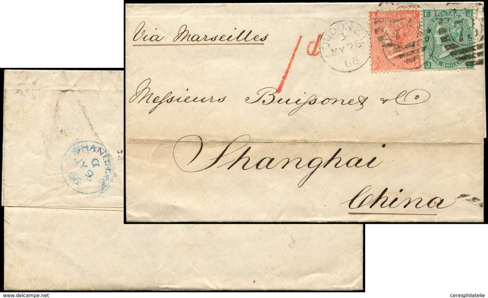 Let GRANDE BRETAGNE 31 Et 32 : 1s. Vert Et 4p. Rouge-orange Obl. LONDON E-O 26/5/66 Sur LSC, Arr. SHANGHAI Le 9/7, TB - Used Stamps