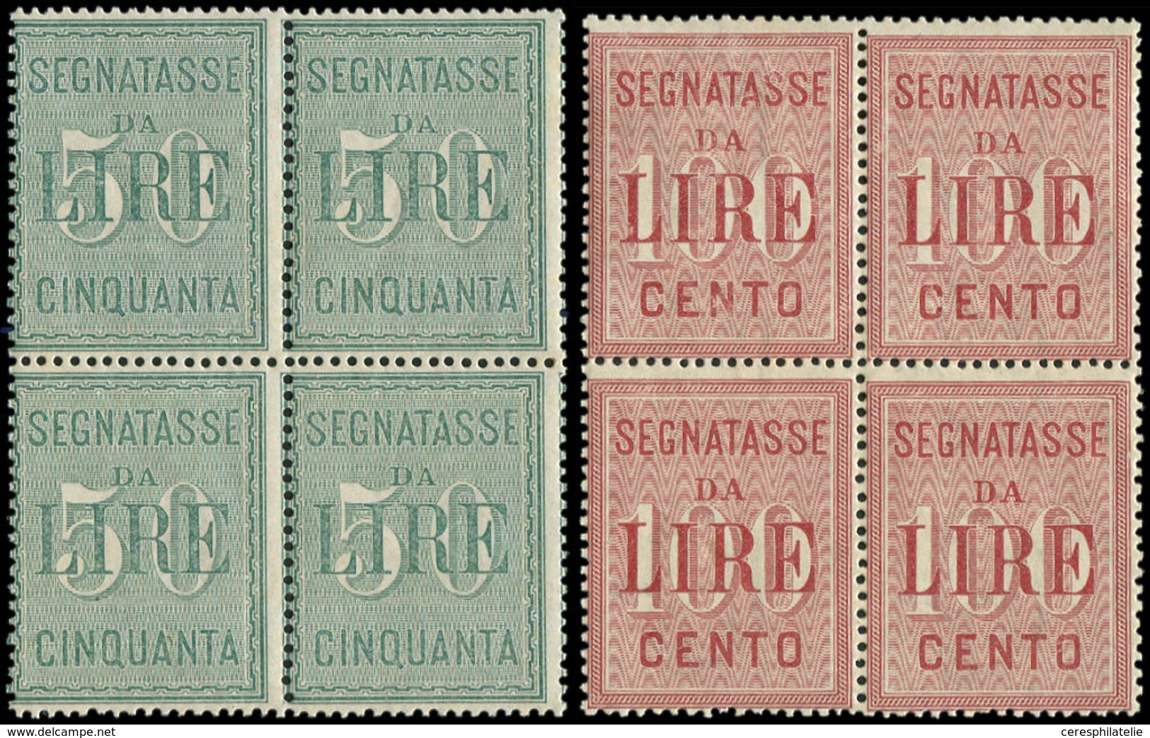 ** ITALIE Taxe 20/21 : 50l. Vert Et 100l. Carmin, En BLOCS De 4, TB - Postage Due