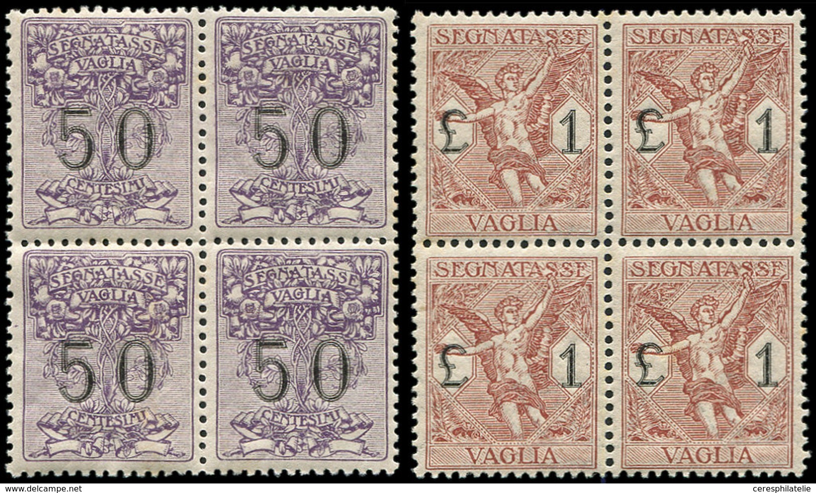 ** ITALIE Timbres Pour Mandats 3/4 : 50c. Violet Et 1l. Brun-rouge, En BLOCS De 4, TB - Autres & Non Classés