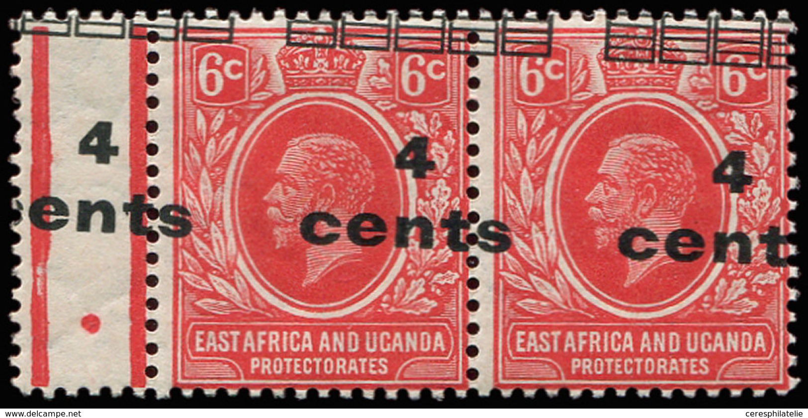 ** AFRIQUE ORIENTALE BRITANNIQUE 155 : 4c. Sur 6c. Rouge, Surcharge A CHEVAL, PAIRE Bdf, TB - Autres & Non Classés