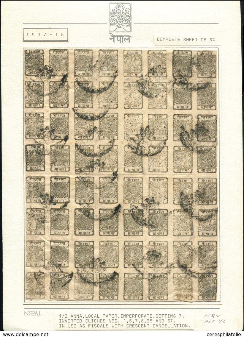 ETATS PRINCIERS DE L'INDE Népal 13 : 1/2a. Noir, Feuille De 64 Avec 7 Têtes-bêches, Obl. Fiscale, TB, RR - Altri & Non Classificati