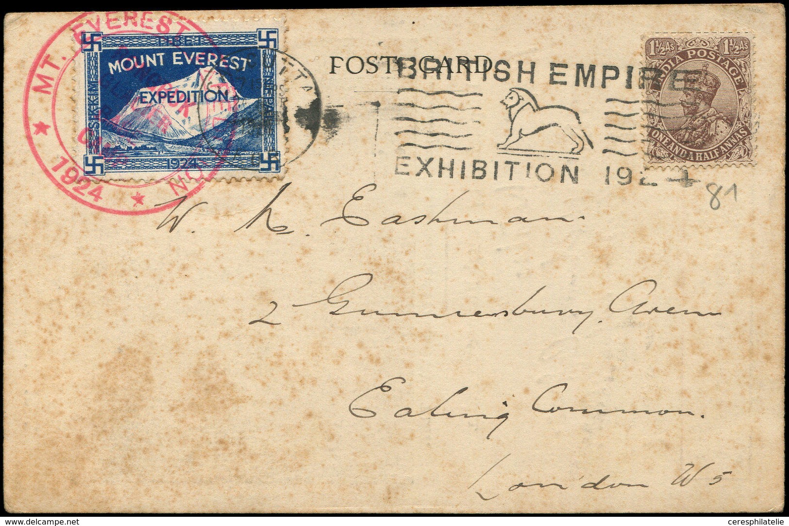 Let INDE ANGLAISE 81 : 1 1/2a. Obl. Cachet Postal Avec Vignette Bleue "Mount Everest Expedition" Elle-même Obl. Cachet R - Autres & Non Classés