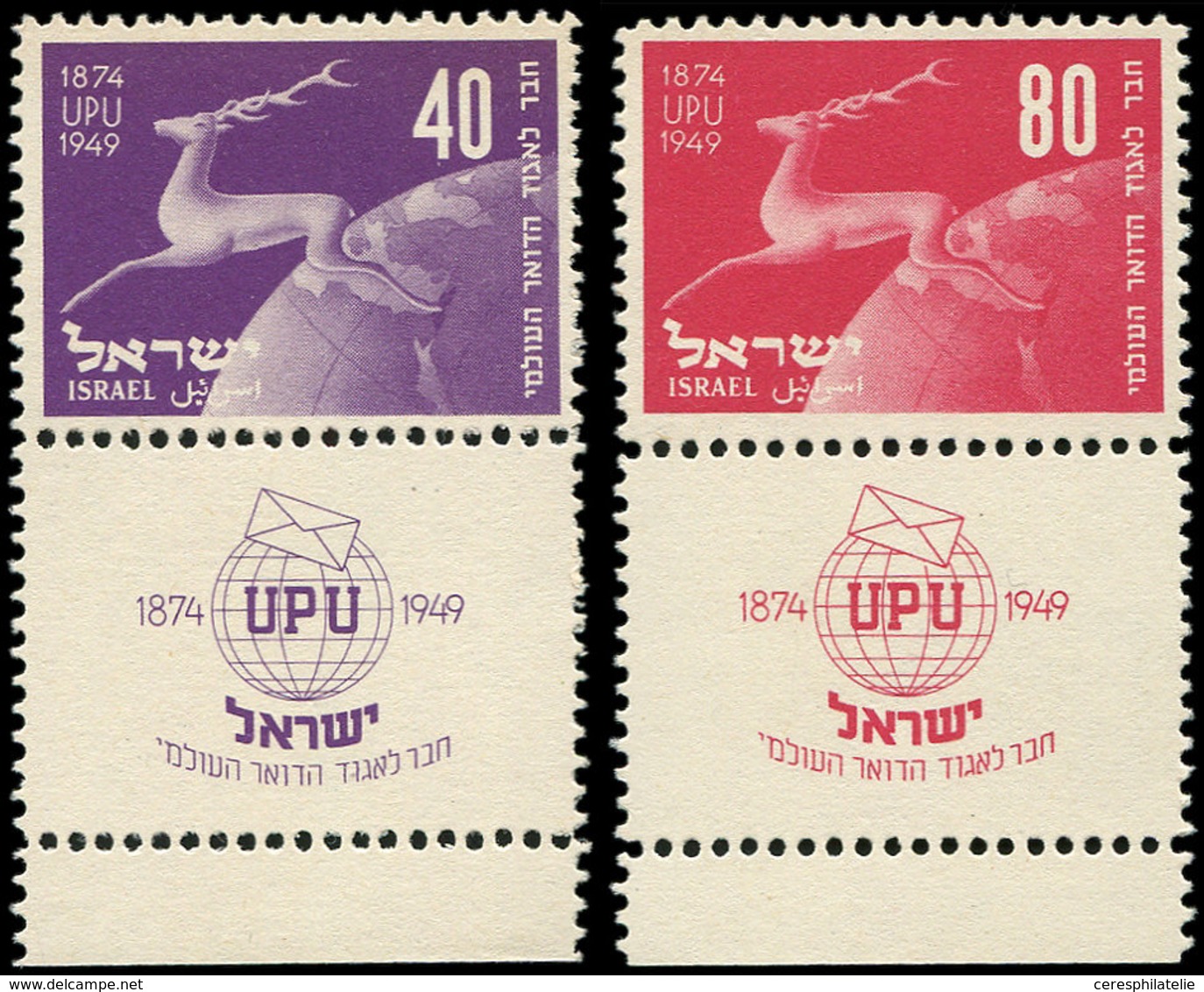 ** ISRAEL 27a/28a : 40p. Violet Et 80p. Carmin, PAIRES Avec Tabs, TB - Other & Unclassified