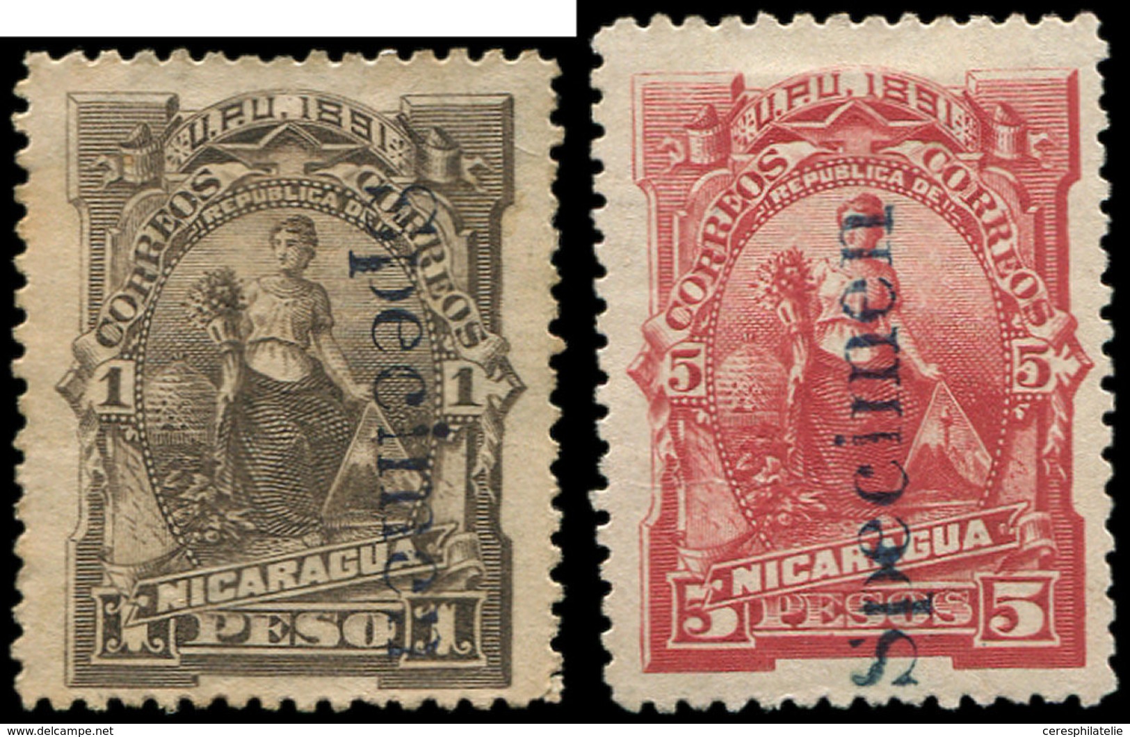 (*) NICARAGUA 36 Et 38 : 1p. Brun Et 5p. Rouge, Surchargés SPECIMEN, TB - Nicaragua