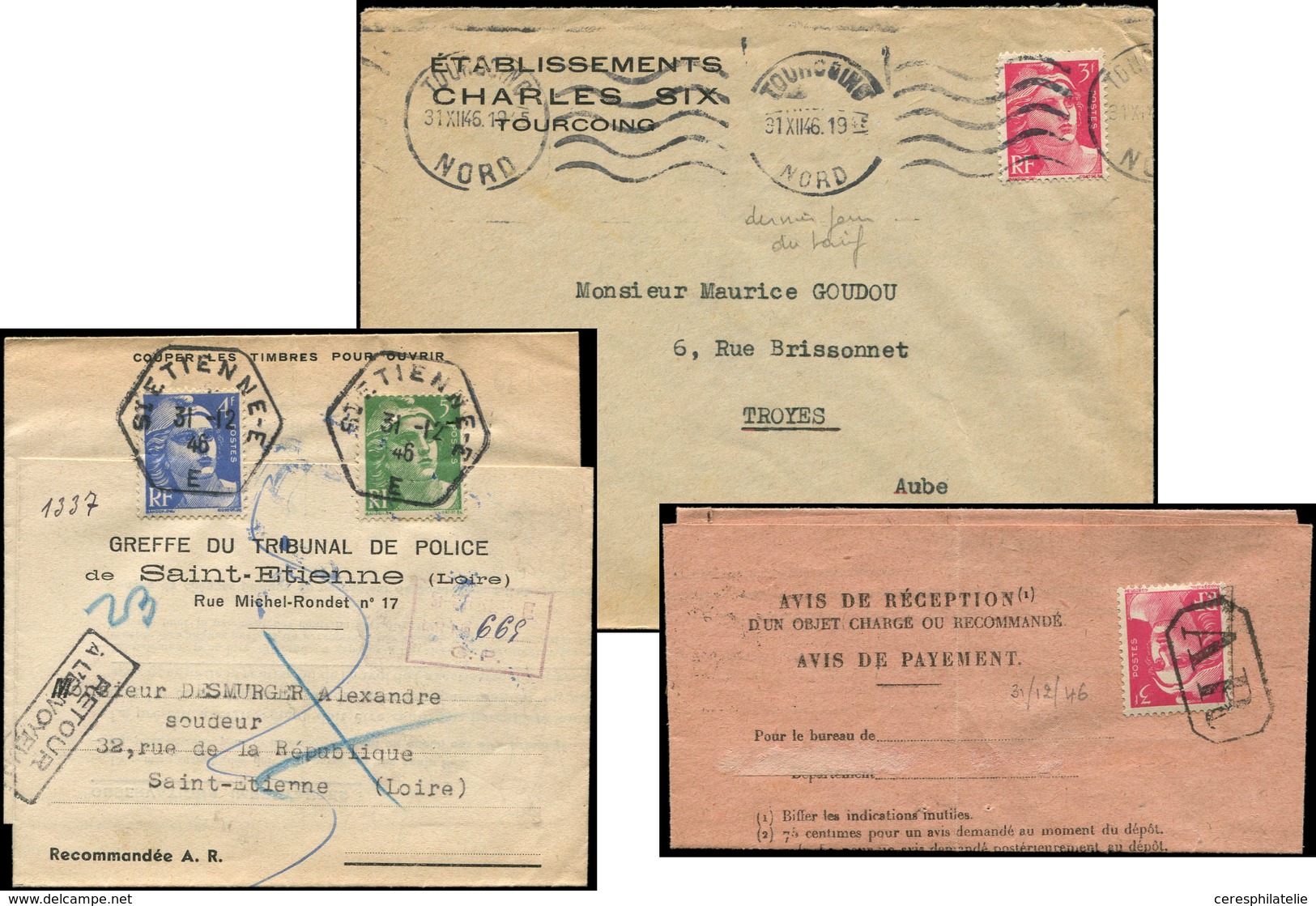 Let Gandon, Une Lettre, Une Env. Rec. Et Un Avis De Réception, Tous Obl. 31/12/46, Dernier Jour Du Tarif, Superbe - Collezioni (in Album)