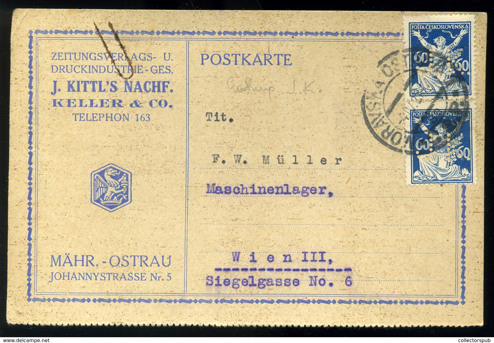 CSEHSZLOVÁKIA 1923. Céges Levlap, Céglyukasztásos, Perfin Bélyegekkel  /  CZECHOSLOVAKIA Corp. P.card Corp. Punched Perf - Lettres & Documents