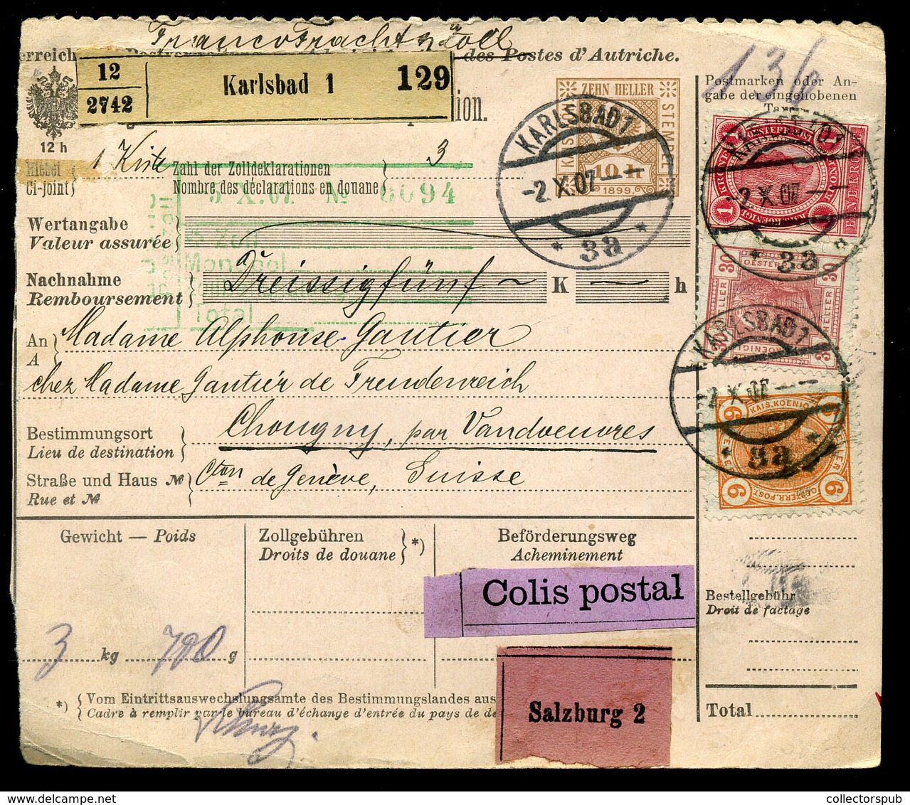 AUSZTRIA 1907. Szép Csomagszállító Svájcba Küldve  /  AUSTRIA 1907 Nice Parcel P.card To Switzerland - Cartas & Documentos