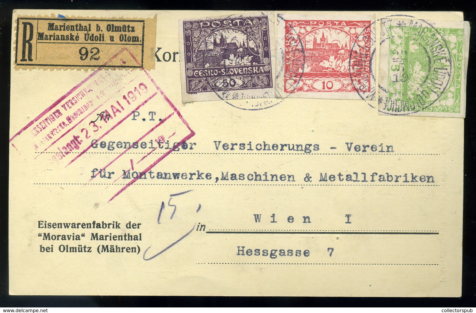 CSEHSZLOVÁKIA 1919. Ajánlott Céges Levelezőlap Marienthal  /  CZECHOSLOVAKIA Reg. Corp. P.card - Storia Postale