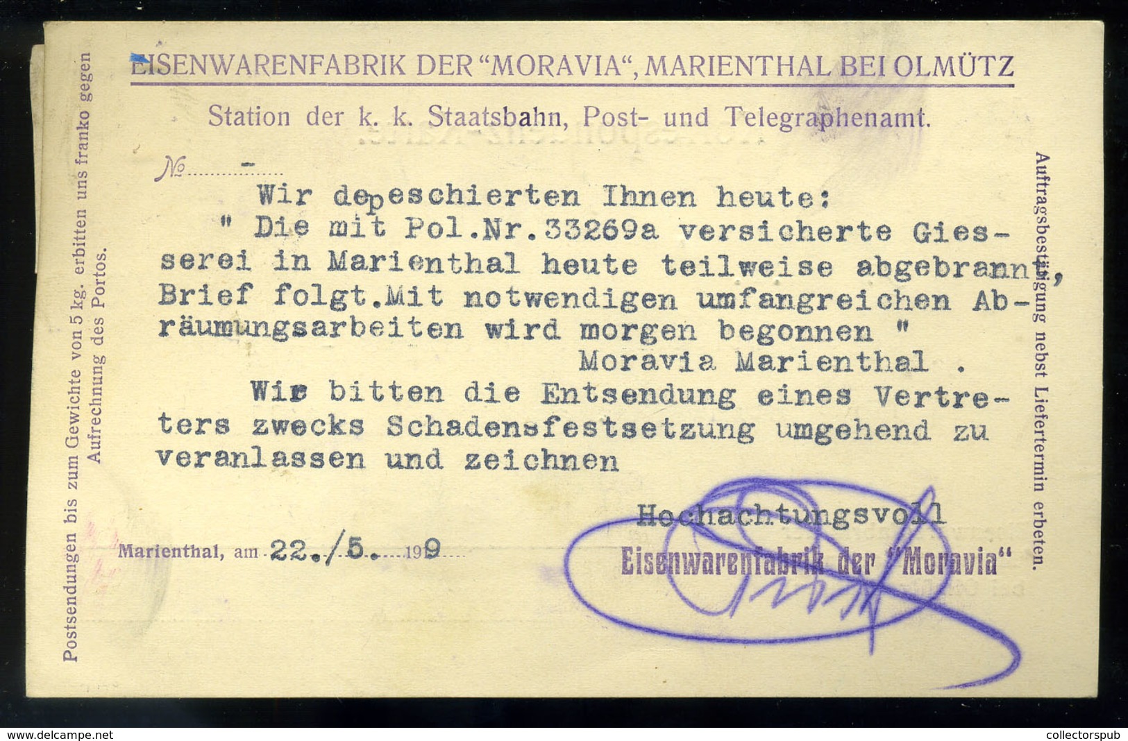 CSEHSZLOVÁKIA 1919. Ajánlott Céges Levelezőlap Marienthal  /  CZECHOSLOVAKIA Reg. Corp. P.card - Lettres & Documents