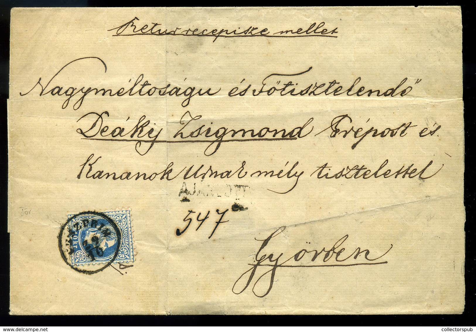 VESZPRÉM 1868. Tértivevényes Ajánlott Levél Győrbe, A Hátoldalon Levő Bélyegeket A Tértivevénnyel Együtt Letépték - Oblitérés