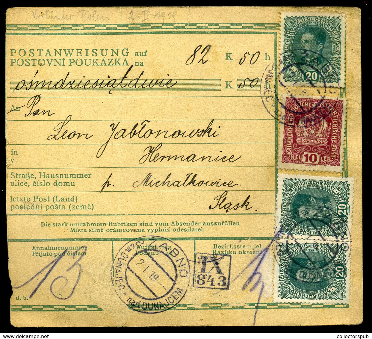 LENGYELORSZÁG 1919.01. Osztrák Pénzutalvány ZLABNO Slask-ba Küldve - Lettres & Documents