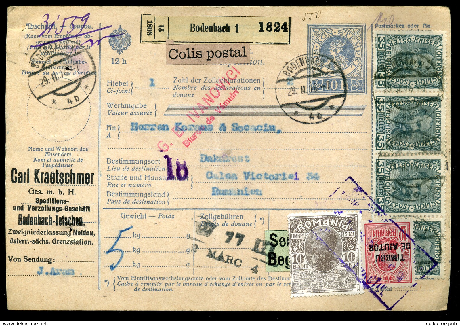 AUSZTRIA 1916. Bodenbach , Csomagszállító Romániába Küldve  /  AUSTRIA Parcel P.card To Romania - Lettres & Documents