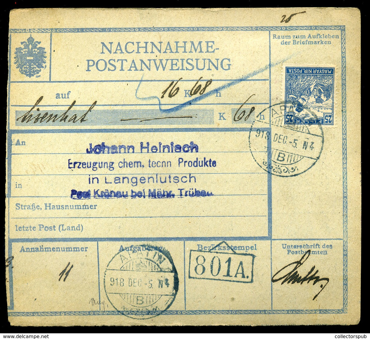 APATIN 1918.12. Osztrák Postautalvány, Arató 25f-rel Csehszlovákiába Küldve,portózva - Oblitérés