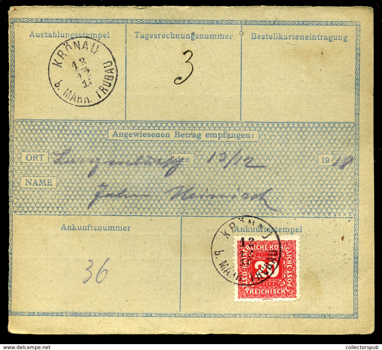 APATIN 1918.12. Osztrák Postautalvány, Arató 25f-rel Csehszlovákiába Küldve,portózva - Usati