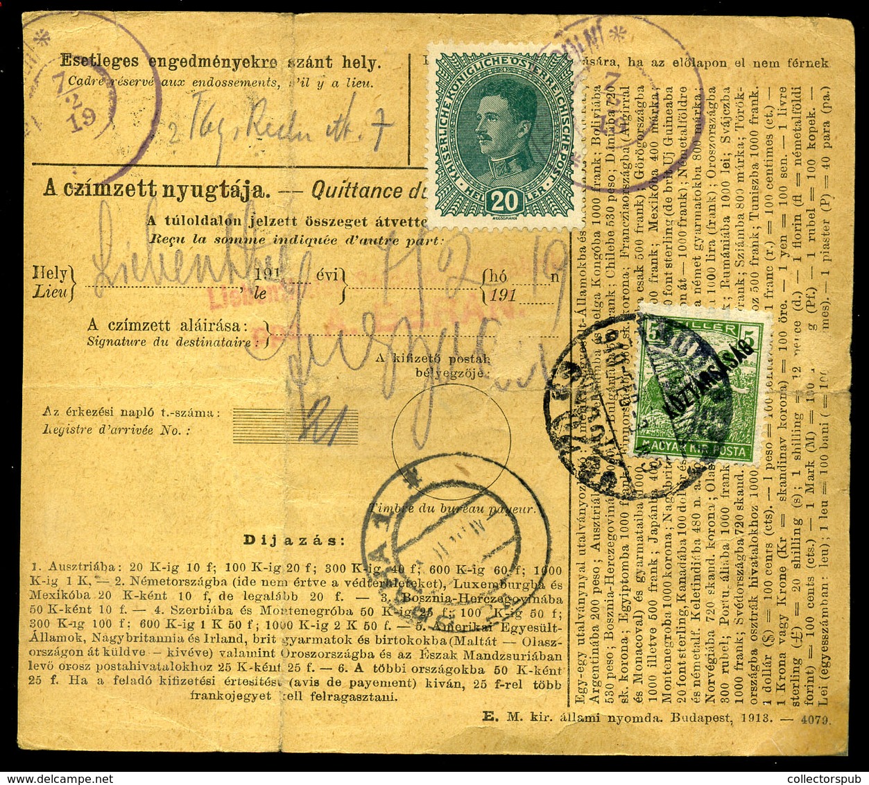BUDAPEST 1919.02. Nemzetközi Postautalvány Csehszlovákiába Küldve , Még Osztrák Bélyeges Portózással - Oblitérés