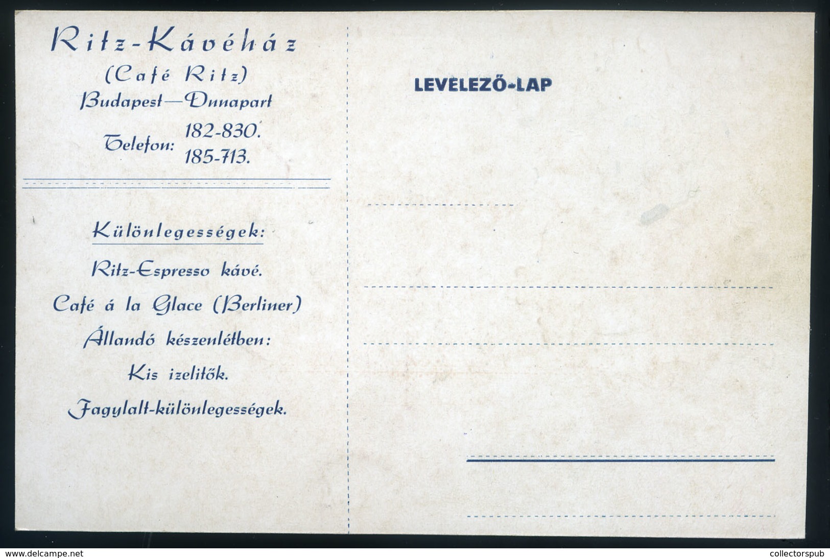 BUDAPEST Ritz Kávéház, Reklám Képeslap  /  Café Ritz Adv.  Vintage Pic. P.card - Ungheria