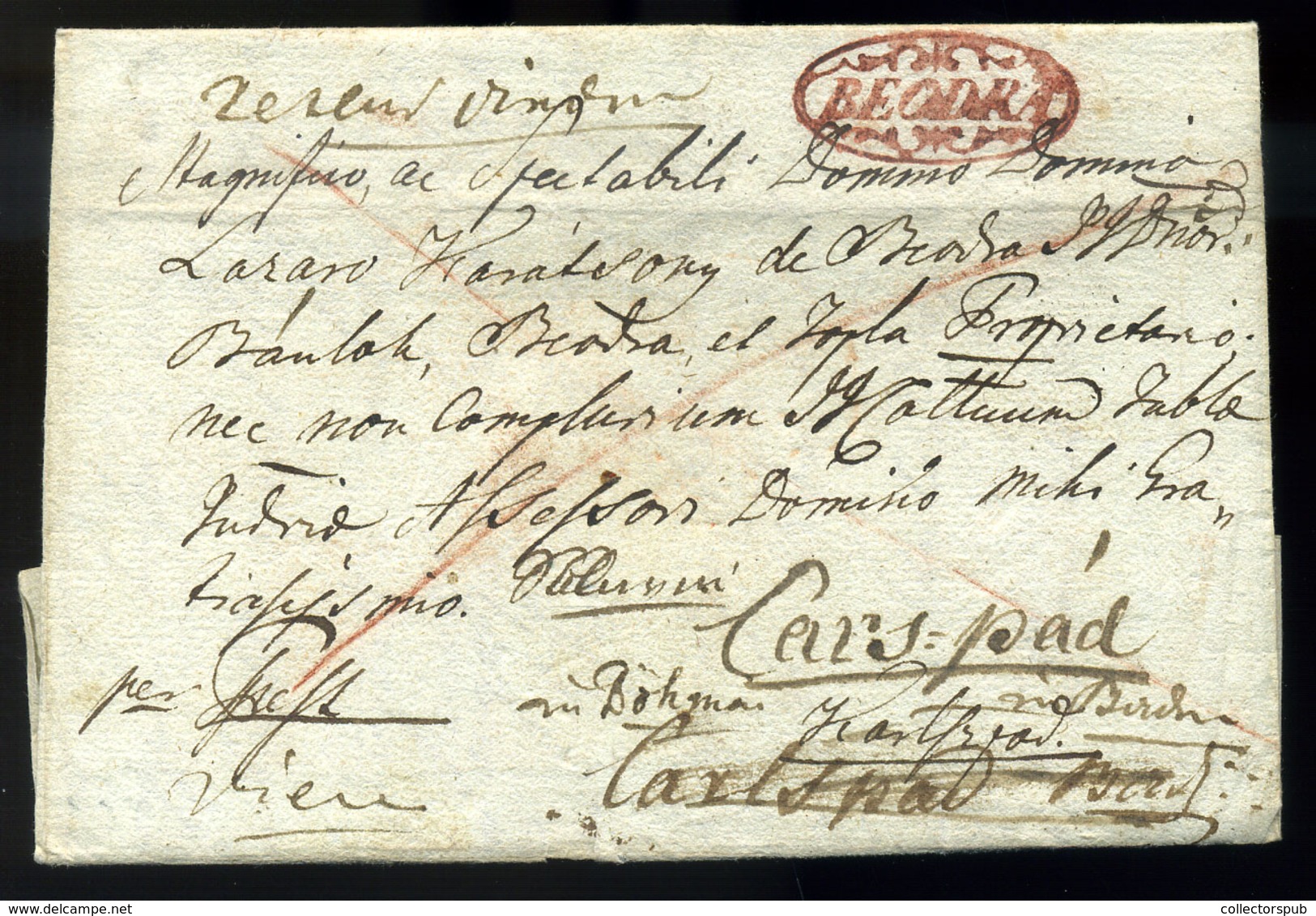 BEODRA 1821. Portós Levél Tartalommal, Piros Bélyegzéssel,többszörös Továbbküldéssel Carlsbad-ba Küldve. Érdekes!  /  Ni - ...-1867 Prephilately