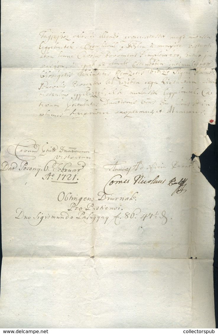 POZSONY 1721. Levél, Tartalommal Eperjesre Küldve  /  Letter Cont. To Eperjes - ...-1867 Préphilatélie