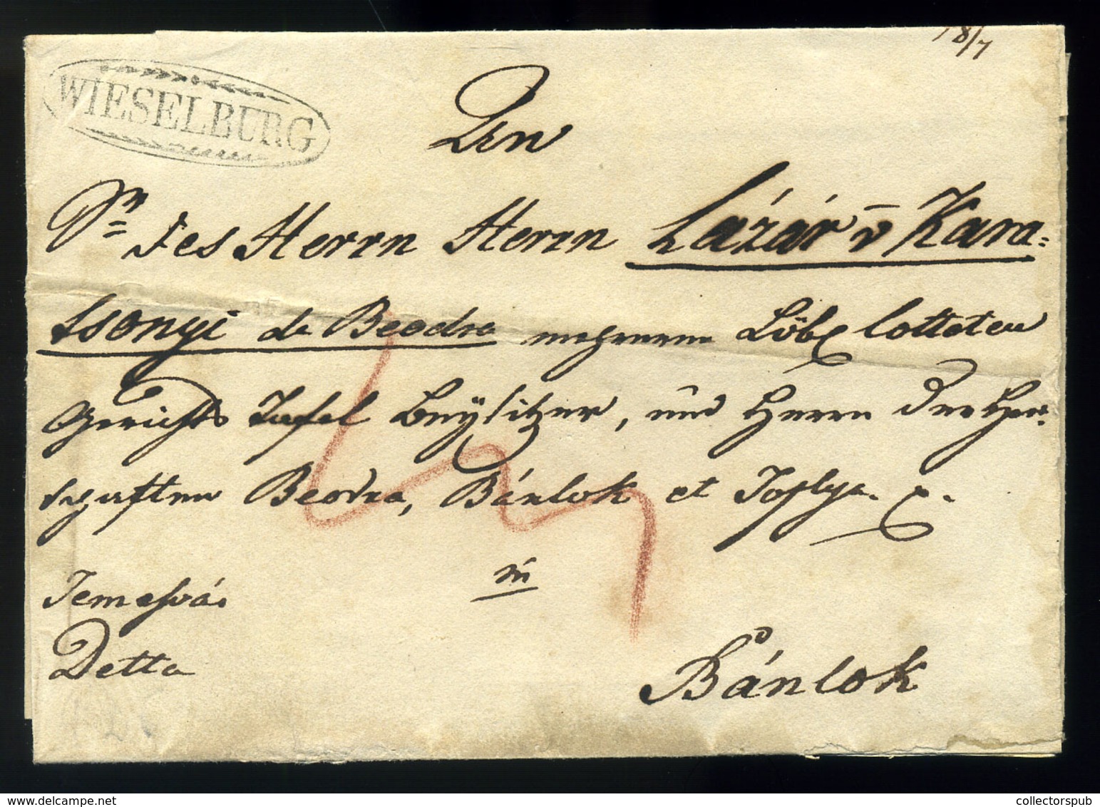 WIESELBURG 1826.  Szép Portós Levél,  Bánlokra Küldve  /  Nice Unpaid Letter To Bánlok - ...-1867 Préphilatélie