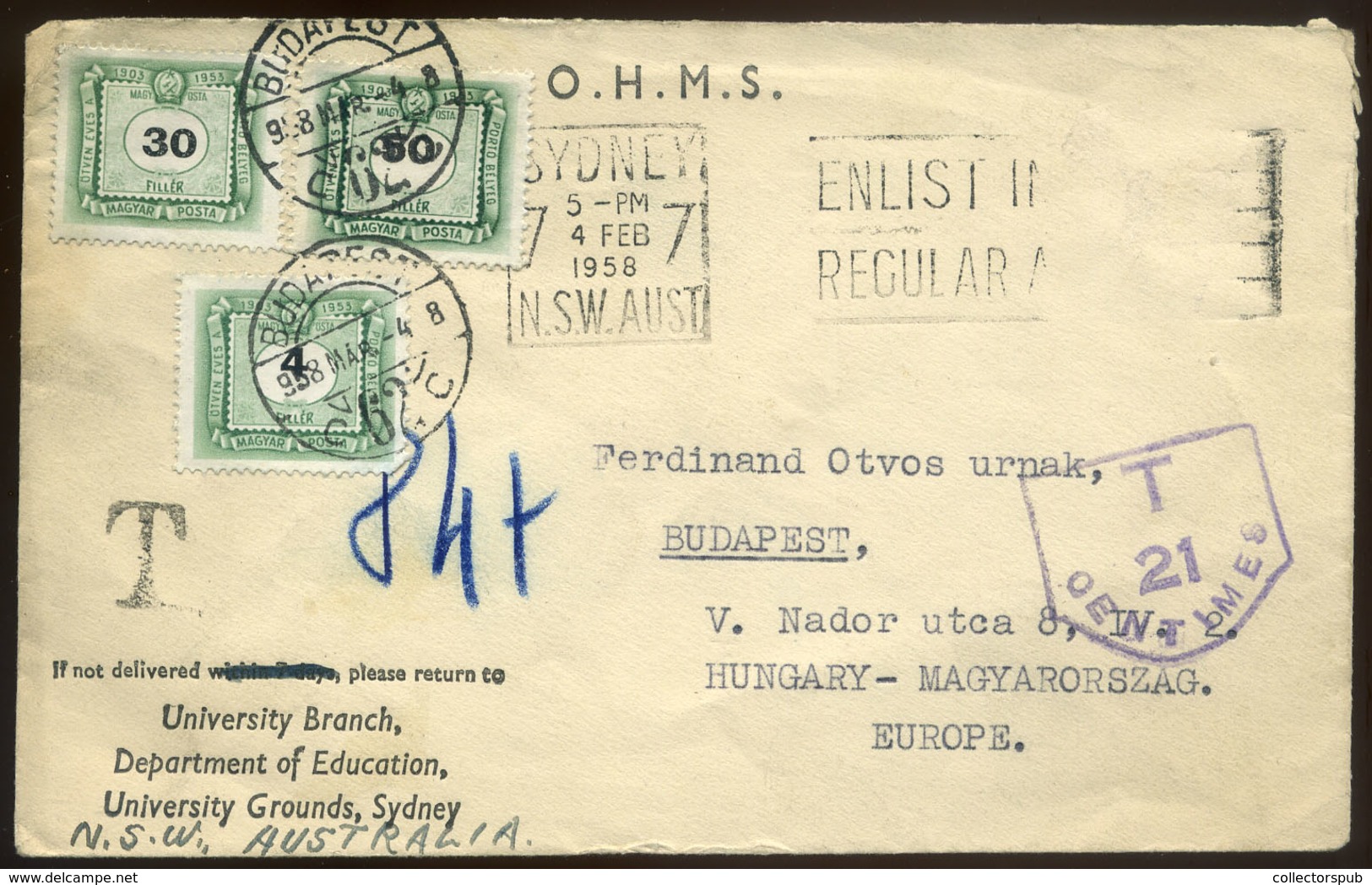 1958. Levél Ausztráliából, Három Címletű Zöldportó Bélyegekkel  /  Letter From Australia 3 Denom. Green Unpaid Stamps - Storia Postale