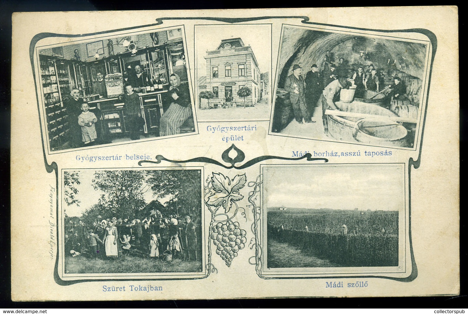 TOKAJ 1914. Szüret,borászat,gyógyszertár, Rothfuchs János Gyógszerész Reklám Képeslap  /  Harvest, Wine Making, Pharmacy - Hongrie