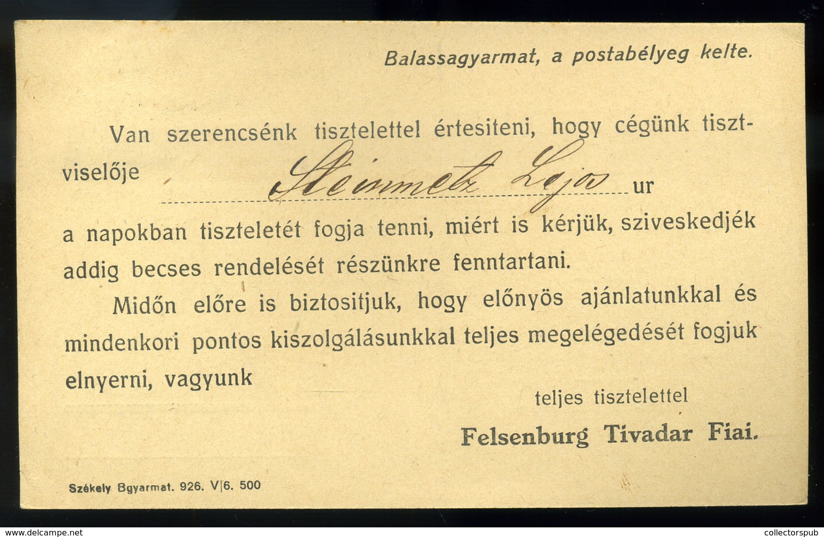 BALASSAGYARMAT 1922. Felsenburg Tivadar Fiai Szeszgyár, Céges Levelezőlap  /  Tivadar Felsenburg And Sons Alcohol Distil - Lettres & Documents