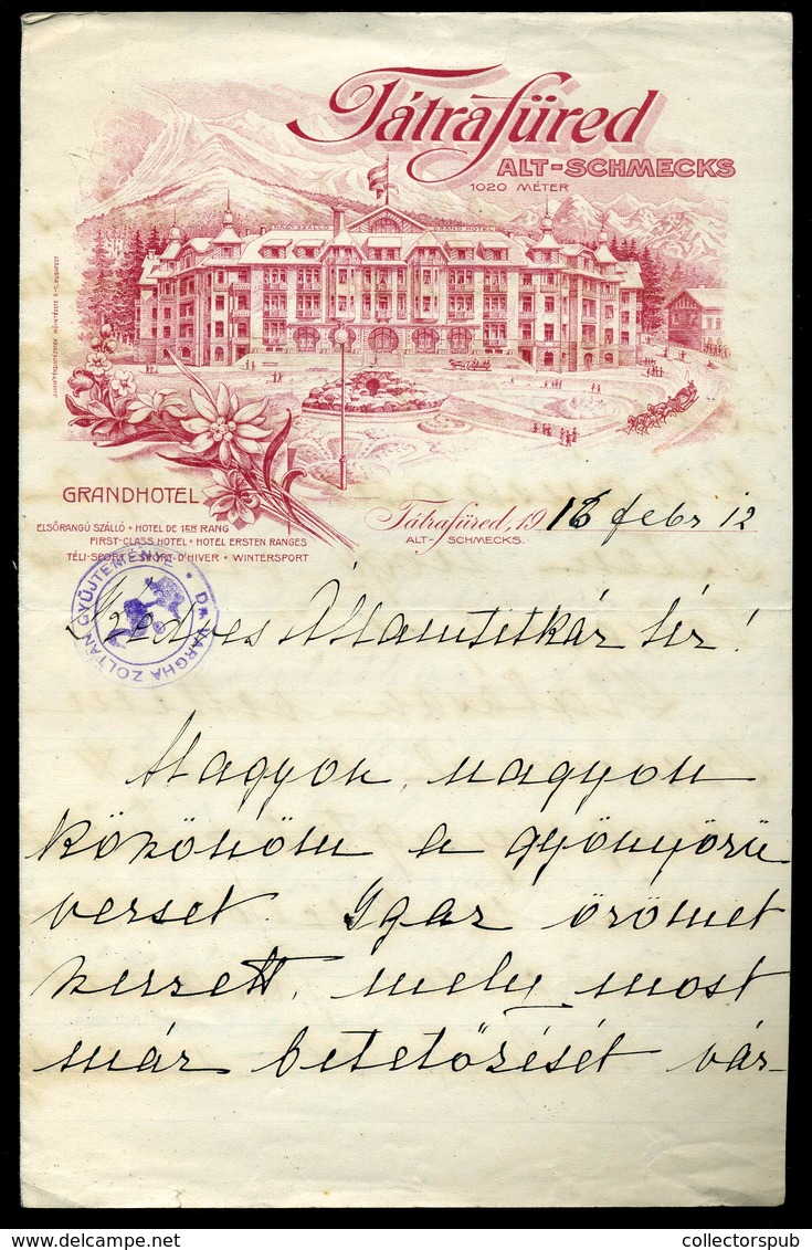 TÁTRAFÜRED 1916. Nagy Szálló , Dekoratív, Fejléces Céges Levél /  Letterhead Letter - Unclassified