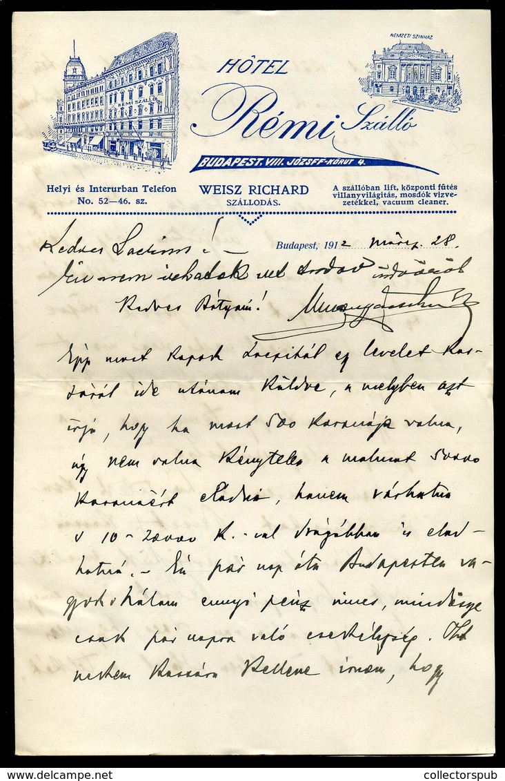 BUDAPEST 1912. Hotel Rémi, Fejléces  Levél /  Letterhead Letter - Non Classés