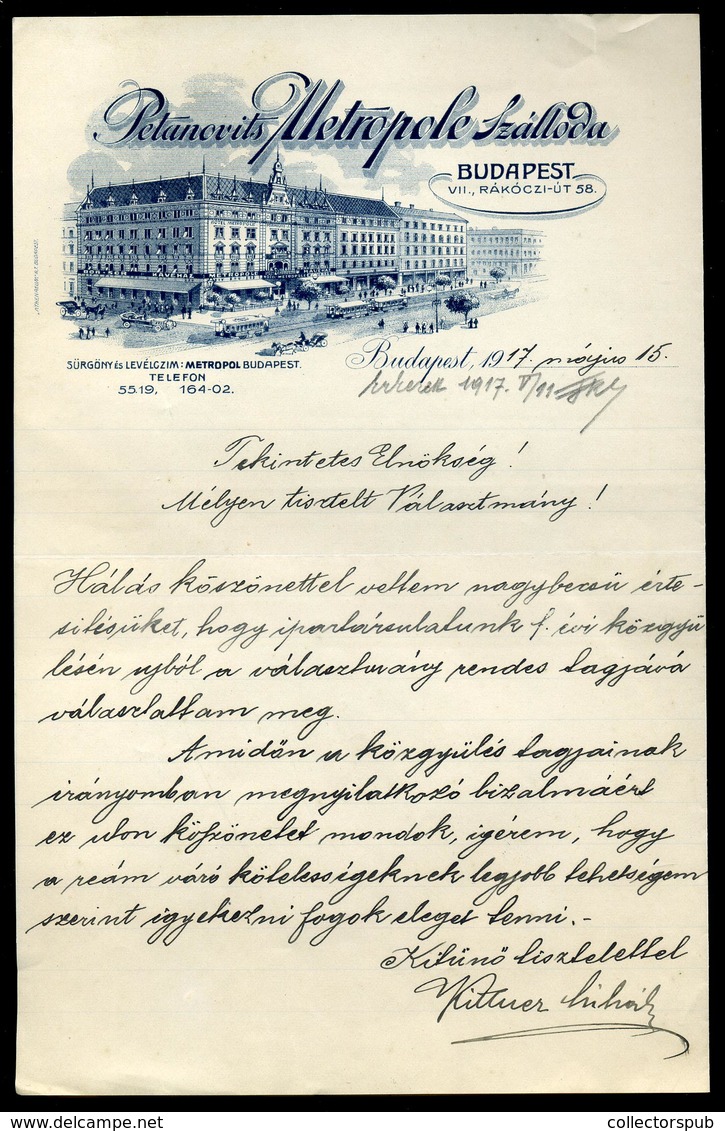 BUDAPEST 1917. Petánovits Metropole Szálloda, Fejléces  Levél  /  Letterhead Letter - Unclassified