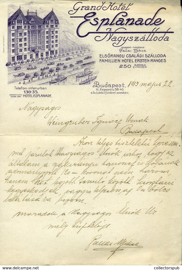 BUDAPEST 1913. Grand Hotel Esplanade Nagyszálloda, Fejléces  Levél  / Letterhead Letter - Non Classés