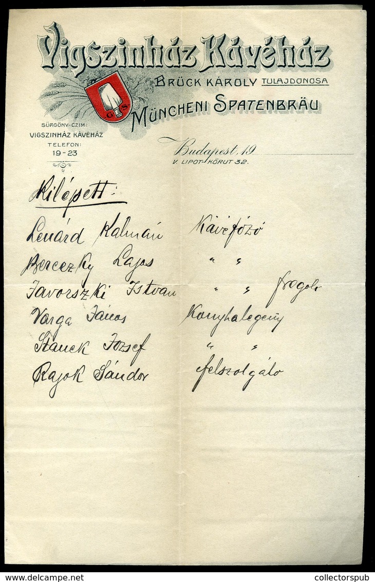 BUDAPEST 1913. Vígszínház Kávéház, Fejléces  Levél  /  Theater Café Letterhead Letter - Unclassified