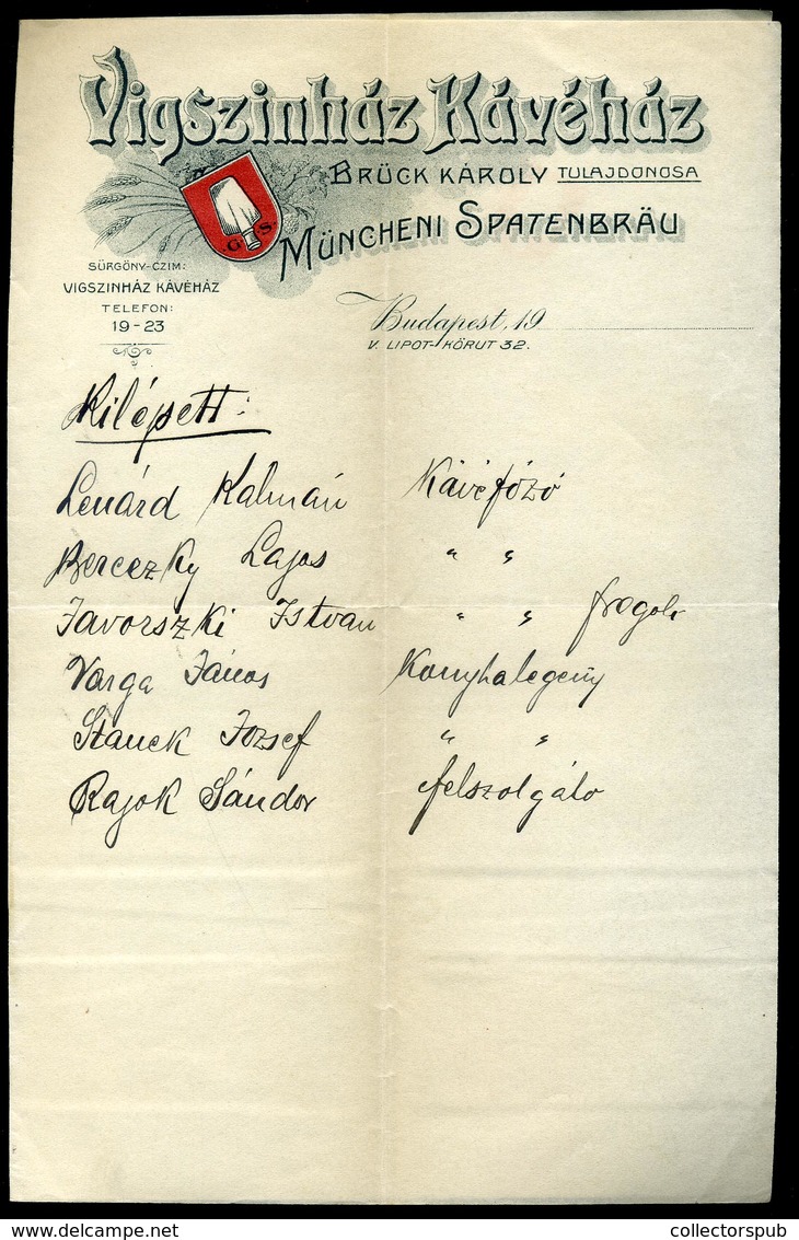 BUDAPEST 1913. Vígszínház Kávéház, Fejléces  Levél  /  Theater Café Letterhead Letter - Non Classificati