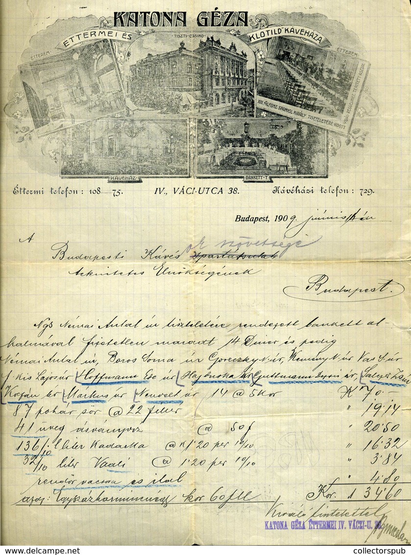 BUDAPEST 1909. Katona Géza Éttermei és Klotild Kávéháza , Fejléces Céges Számla  /   Decorative Letterhead Bill - Autres & Non Classés