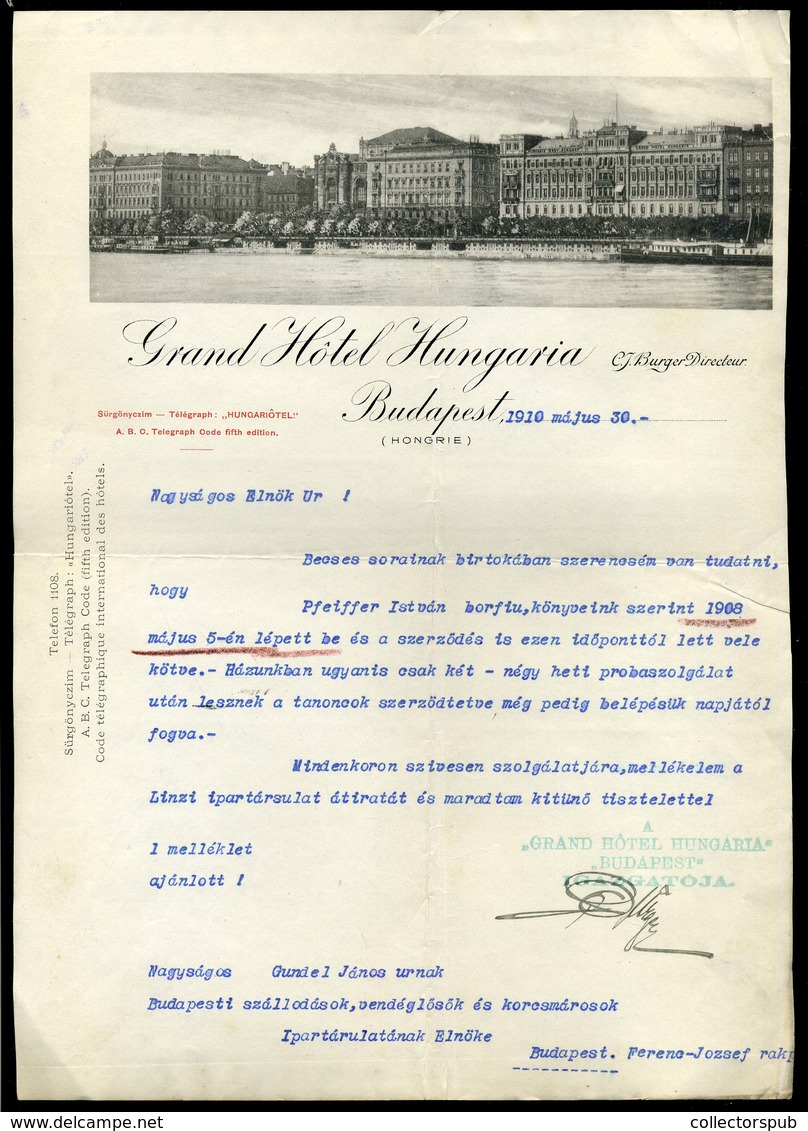 BUDAPEST 1910. Grand Hotel Hungaria , Fejléces Céges , érdekes Levél Gundel János Részére  /  Grand Hotel Hungária Lette - Unclassified